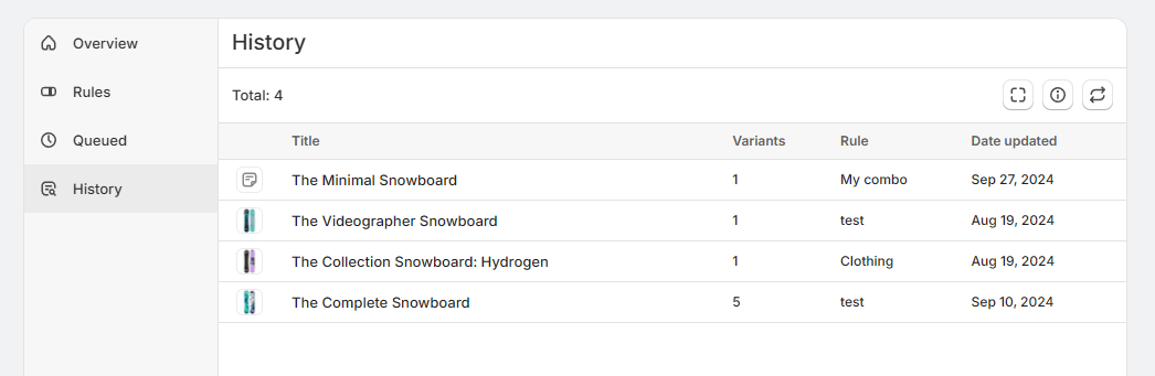 History tab showing processed products, number of variants updated, rule used, and date updated