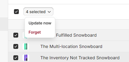 Queued item bulk action menu showing Update now and Forget options