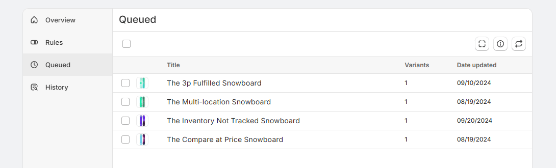 Queued tab showing newly created products waiting to be processed by automatic SKU generation