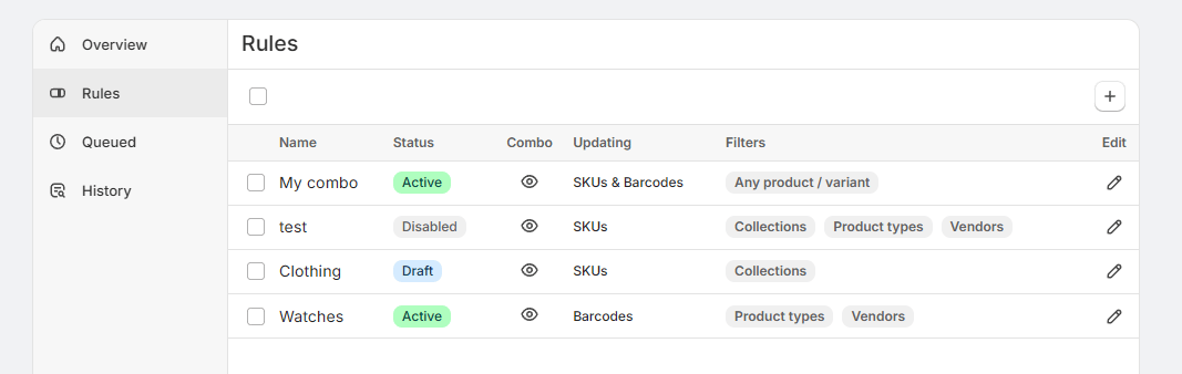 Rules tab in automatic SKU generation showing multiple named rules with statuses, update targets, and filters