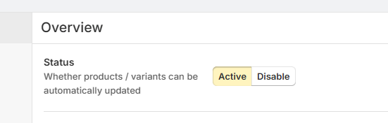 Overview tab showing the automatic SKU generation status toggle set to Active