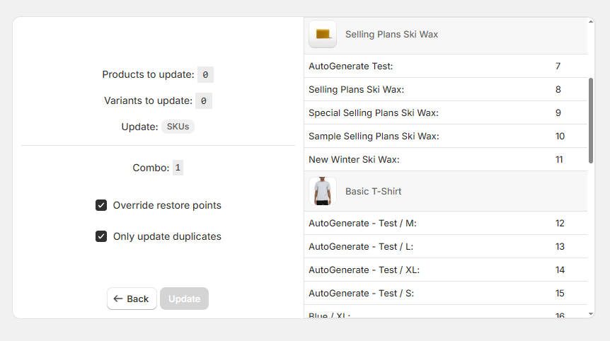 Confirmation step in SKU Manager showing the Only update duplicates option