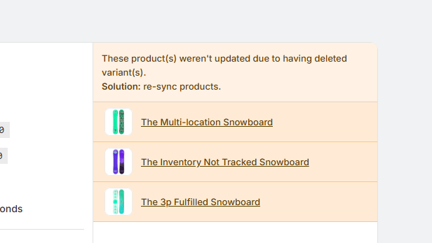 Warning showing products that were not updated due to deleted variants and should be resynced