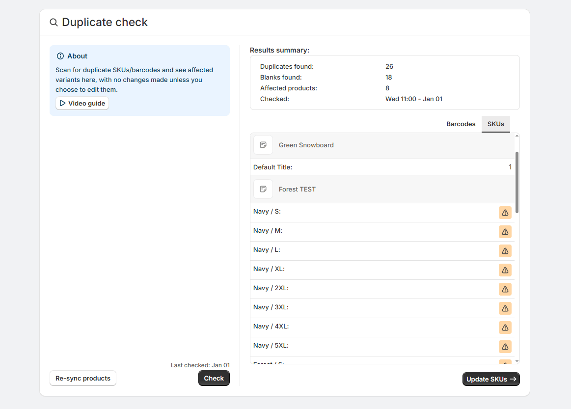 Duplicate check results showing a summary and affected products in SKU Manager