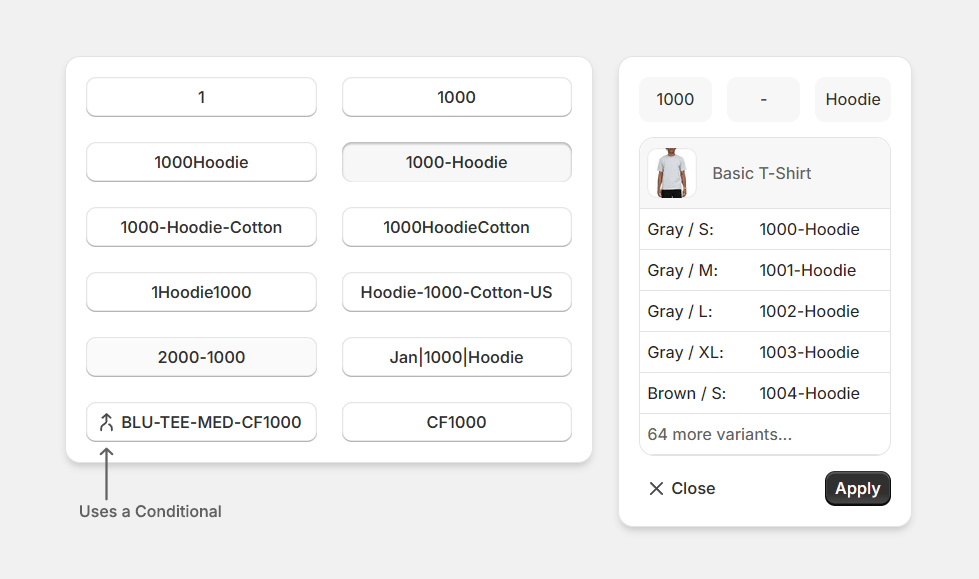 Examples panel in SKU Manager showing common SKU patterns, combo arrangement, preview, and Apply button