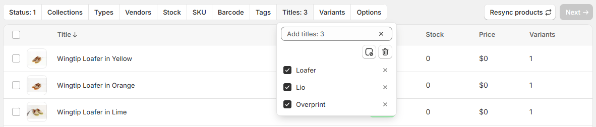 Filtered product list in SKU Manager showing narrowed results