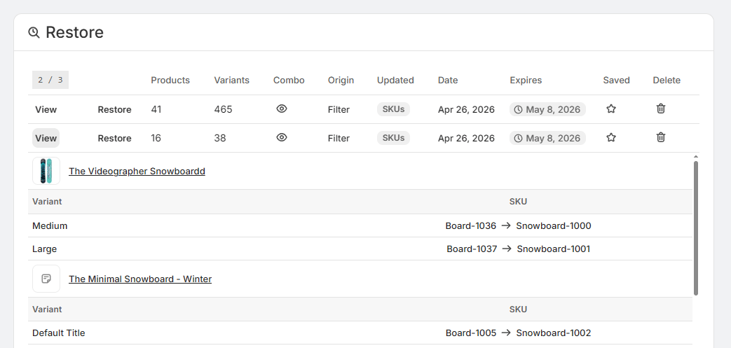 Restore history page in SKU Manager showing restore points and before-and-after SKU changes