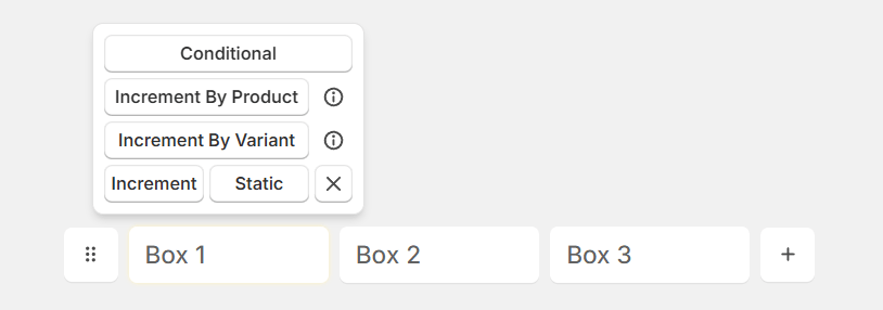 Open combo box menu showing available box types and options for choosing how a selected combo box contributes to the final value.