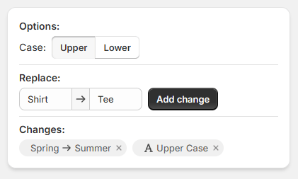 SKU formatting options for changing case and replacing text in bulk