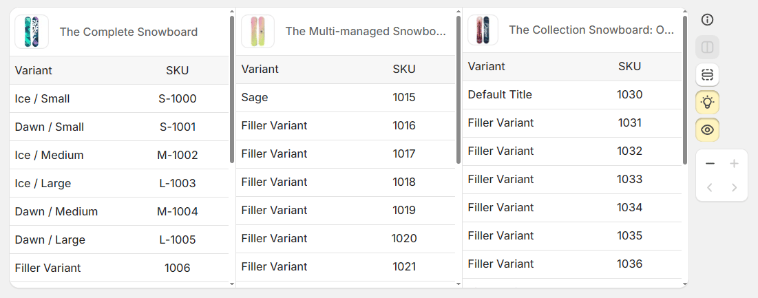 Update page preview area showing up to three product previews side by side, including filler rows and preview controls on the right.