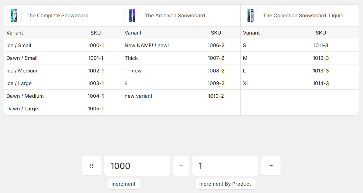 Example of Increment by product where each product shares one number across its variants