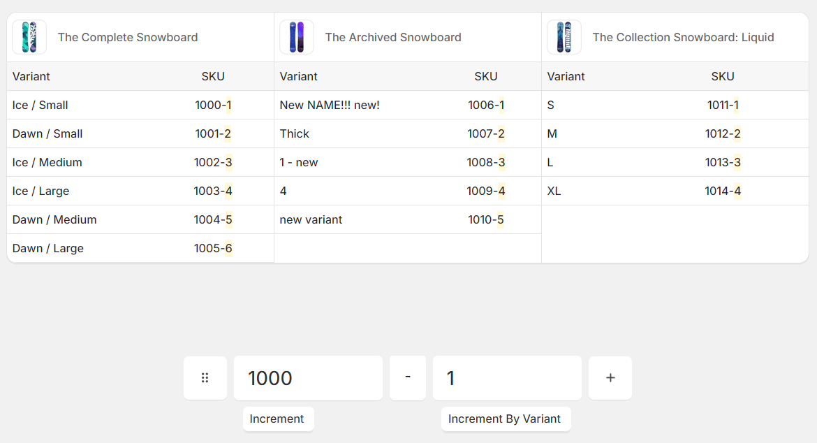 Example of Increment by variant where each variant gets its own number and the sequence resets for each product